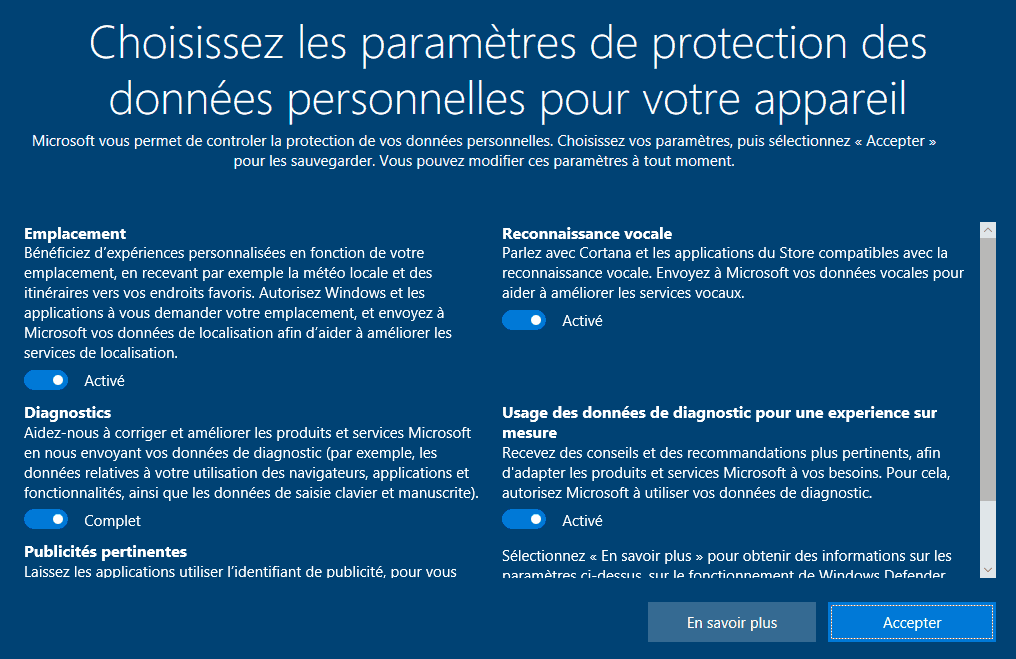 Installation Windows 10 - Choix des paramètres de protection