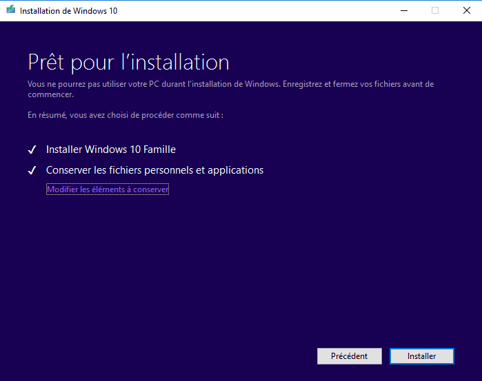 Installation Windows 10 - Prêt pour l'installation