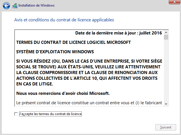 Installer Windows 10 - Acceptation licence