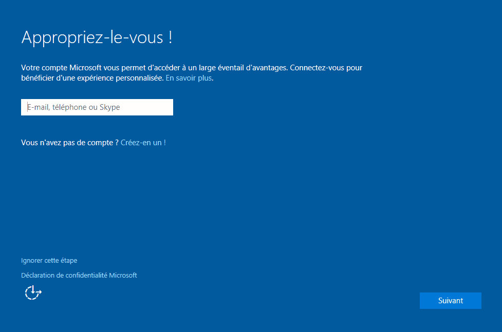 Installer Windows 10 - Appropriation Compte Microsoft