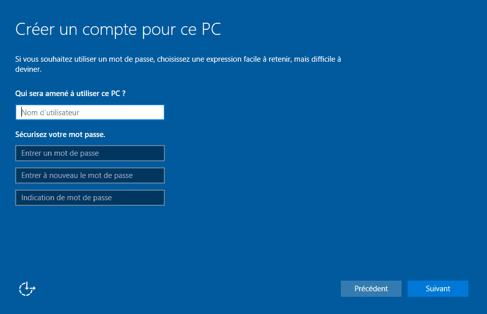 Installer Windows 10 - Créer un compte