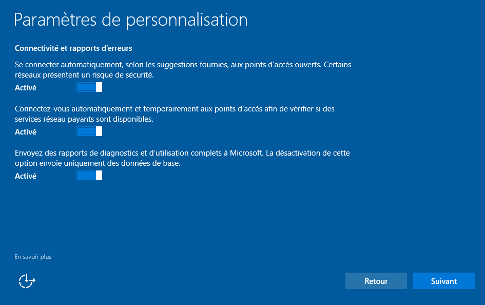 Installer Windows 10 - Connectivité et rapports d'erreurs