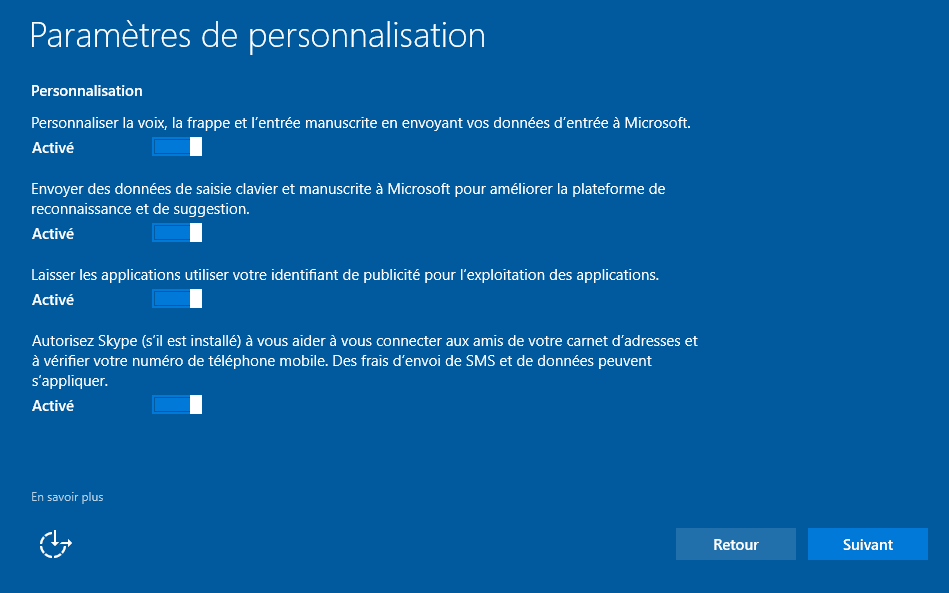 Installer Windows 10 - Paramètres de personnalisation