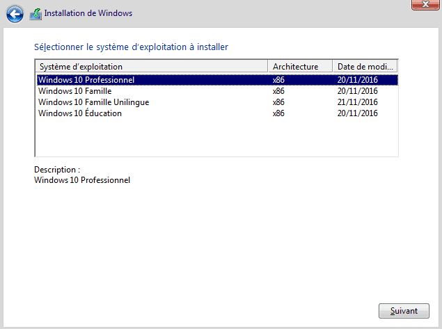 Installer Windows 10 - Sélection OS
